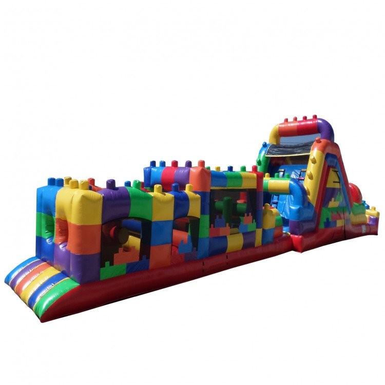 Colorful inflatable obstacle course with climbing wall and slide