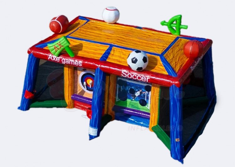 Inflatable sports game station with axe games and soccer targets